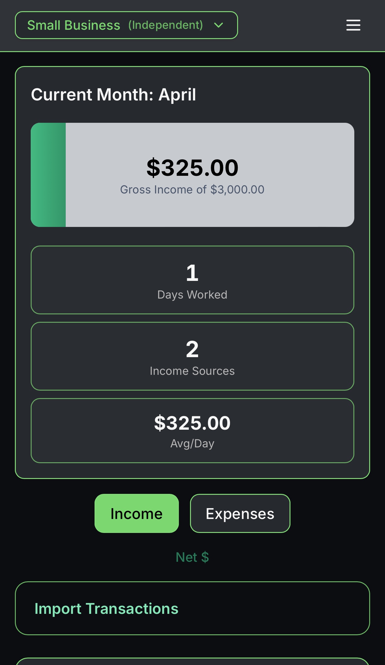 Stackin app preview showing the current month income screen.