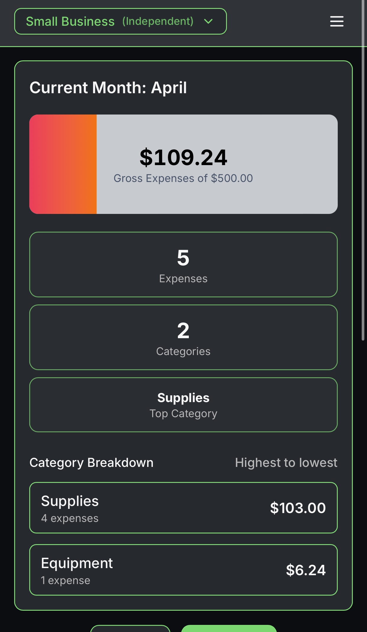Stackin app preview showing the expenses breakdown screen.